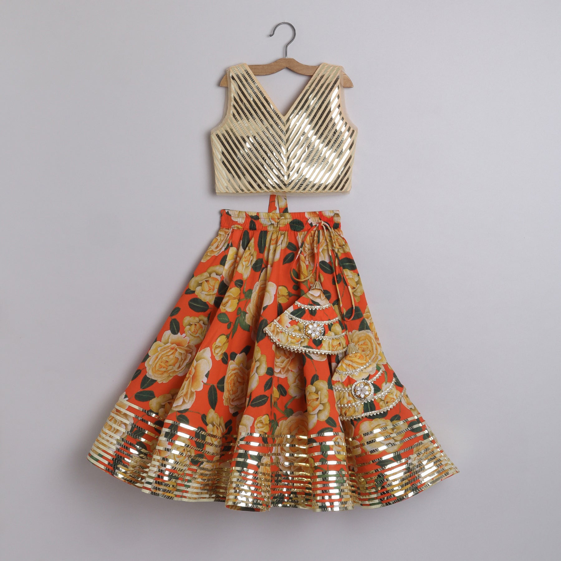 Metallic Lace Detailed Sleeveless Beige Top And Floral Printed Orange Lehenga - funlittleones.com