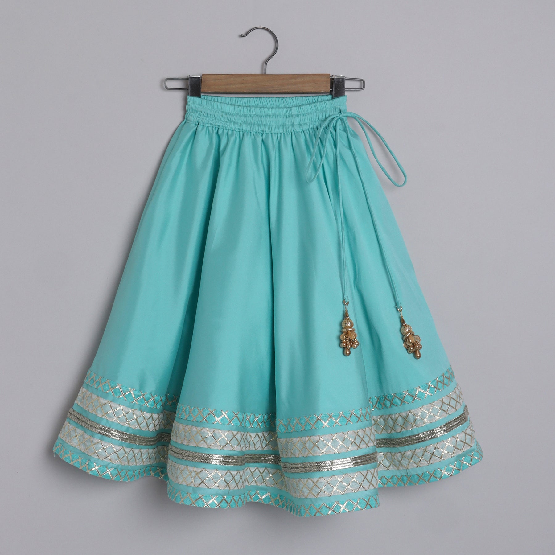 Girls Light Blue Embroidered Blouse With Gota Embellished Borders On The Lehenga - funlittleones.com