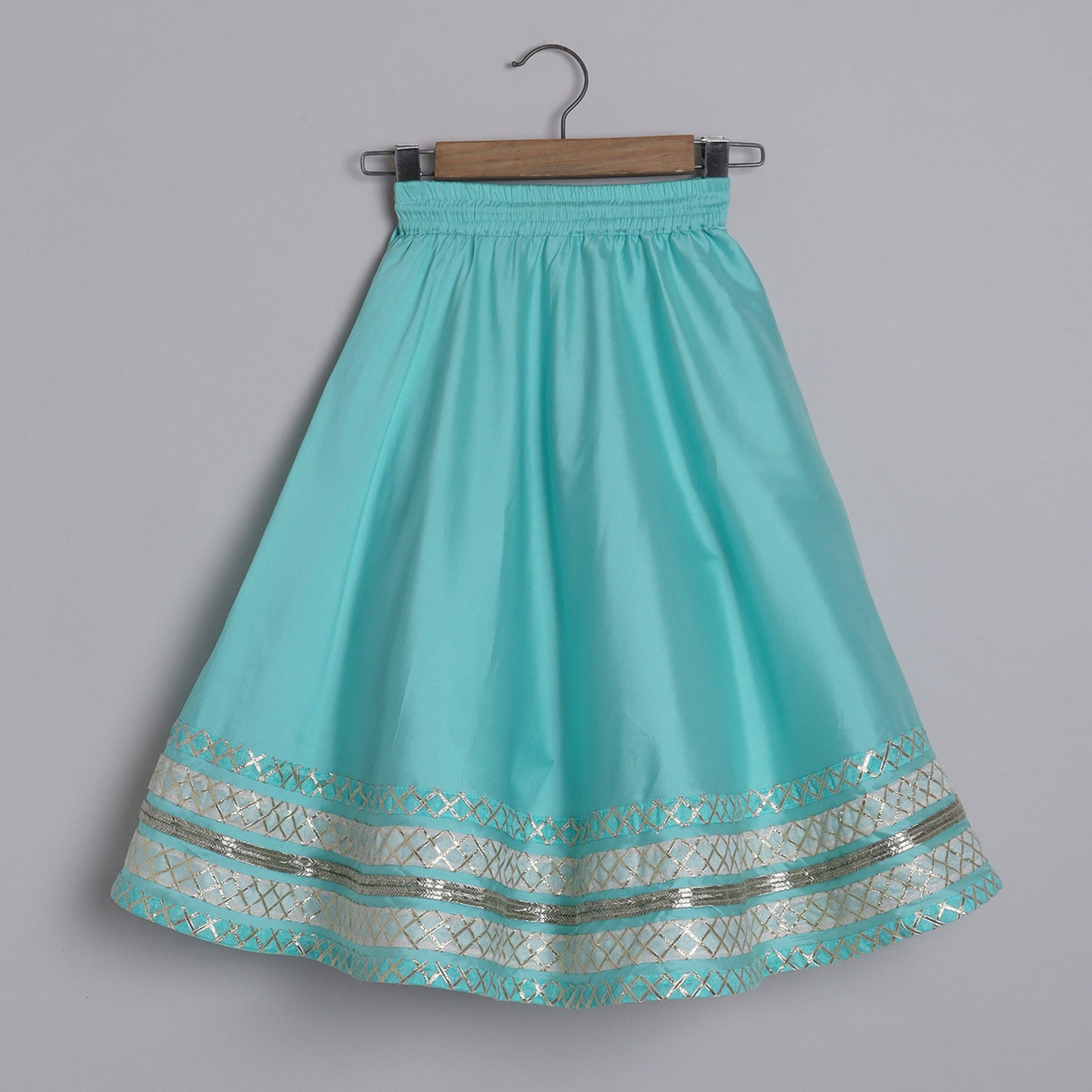 Girls Light Blue Embroidered Blouse With Gota Embellished Borders On The Lehenga - funlittleones.com