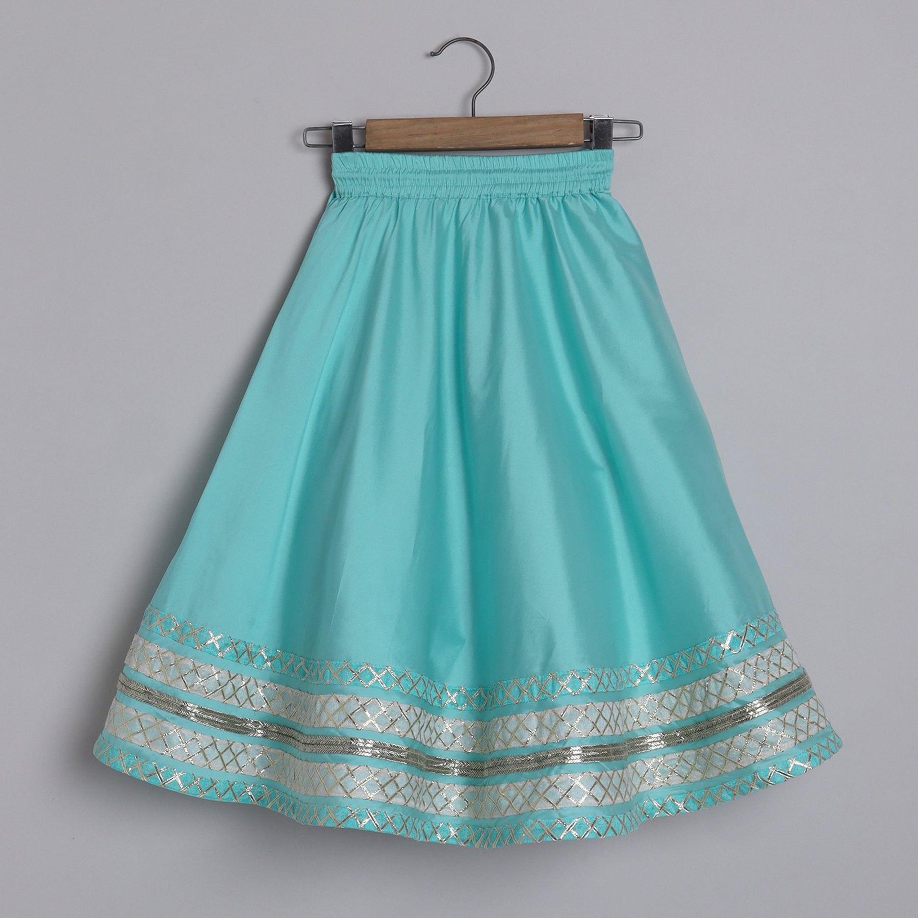 Girls Light Blue Embroidered Blouse With Gota Embellished Borders On The Lehenga - funlittleones.com