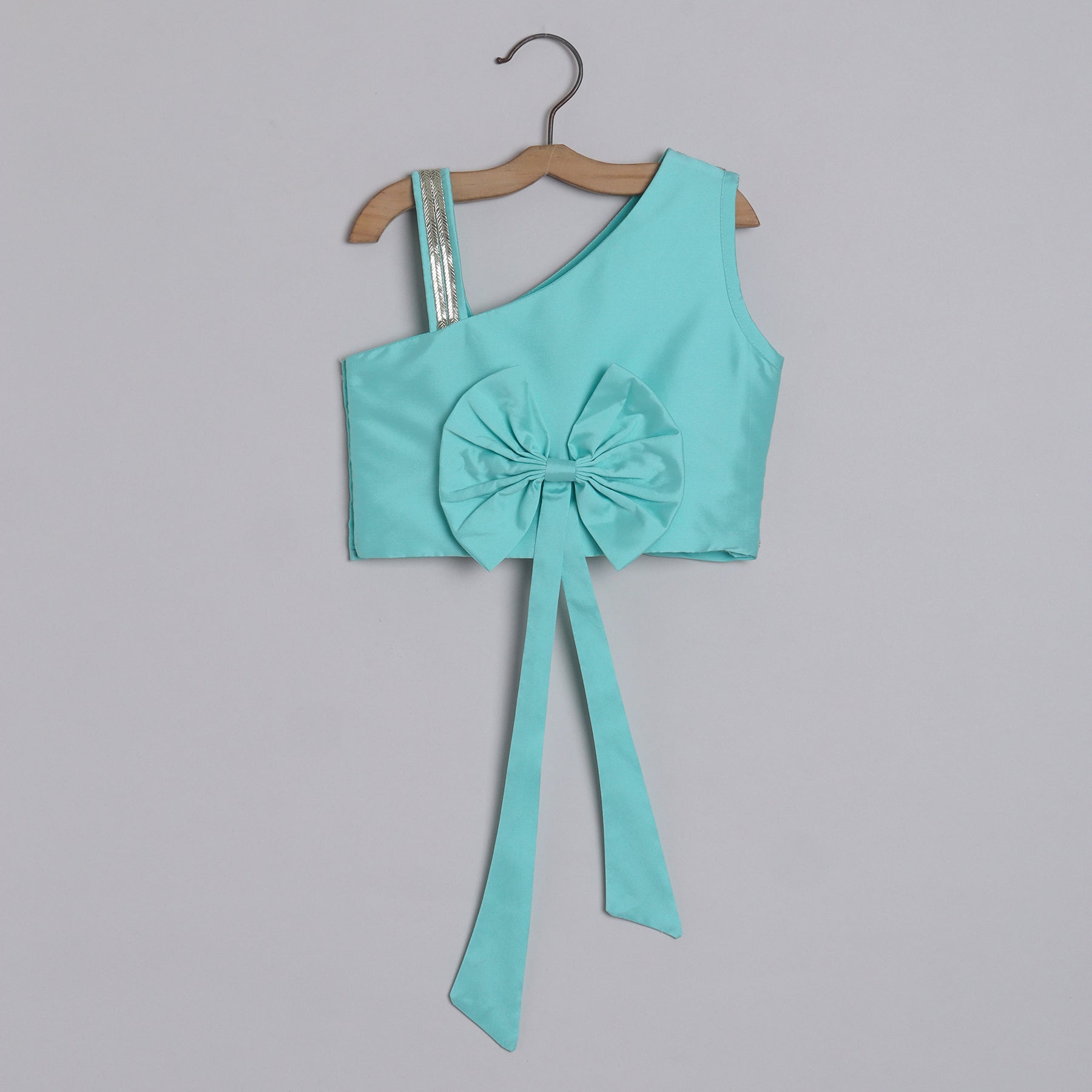 Girls Light Blue Embroidered Blouse With Gota Embellished Borders On The Lehenga - funlittleones.com