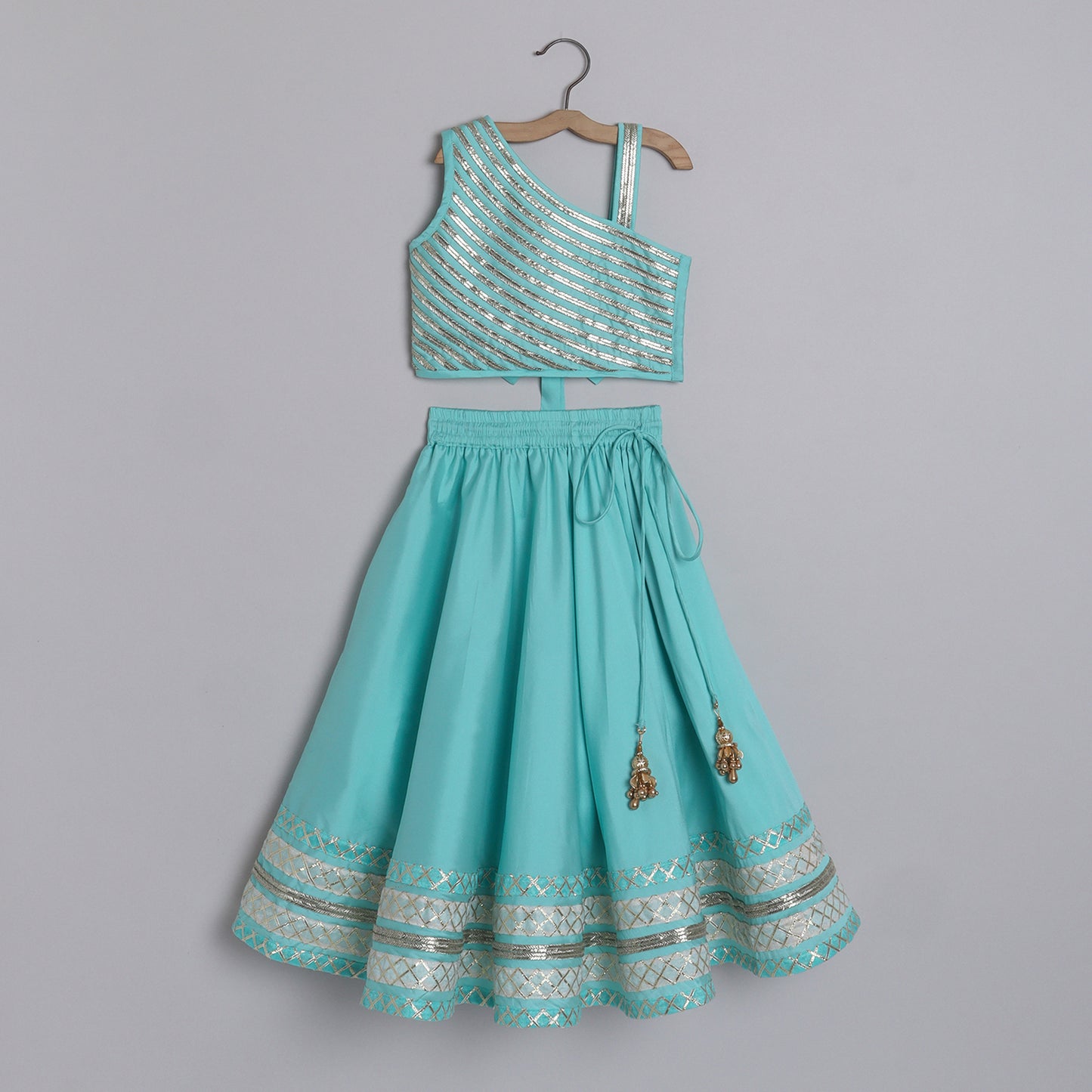 Girls Light Blue Embroidered Blouse With Gota Embellished Borders On The Lehenga - funlittleones.com