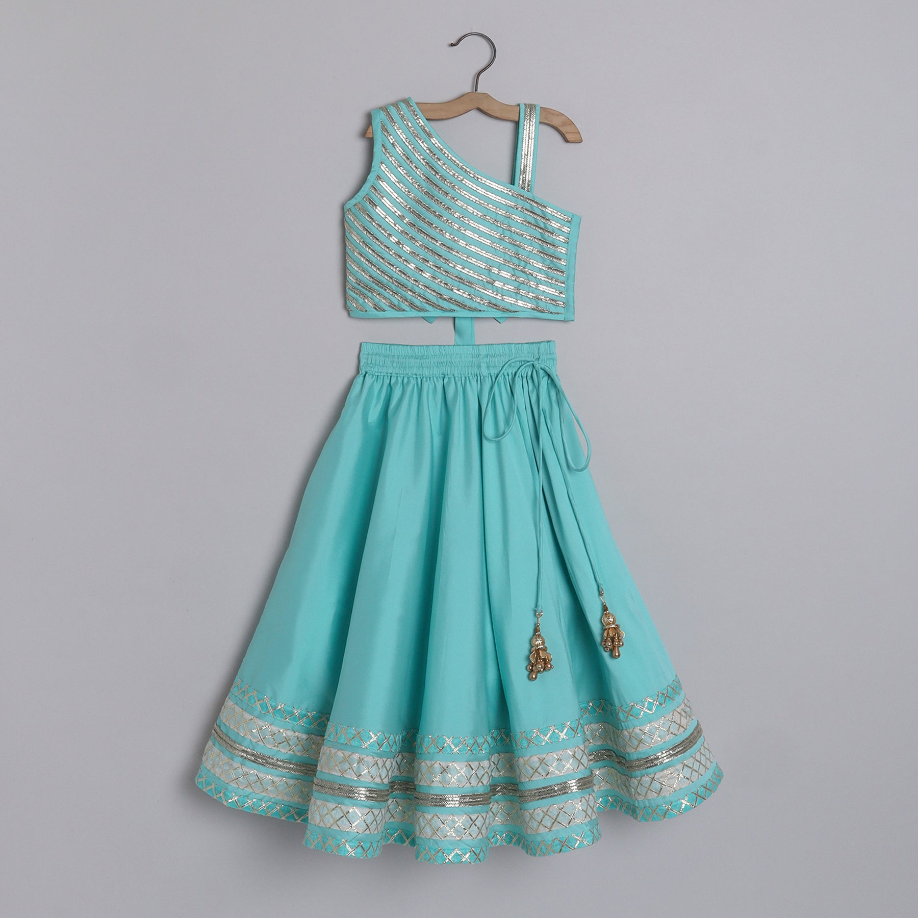 Girls Light Blue Embroidered Blouse With Gota Embellished Borders On The Lehenga - funlittleones.com