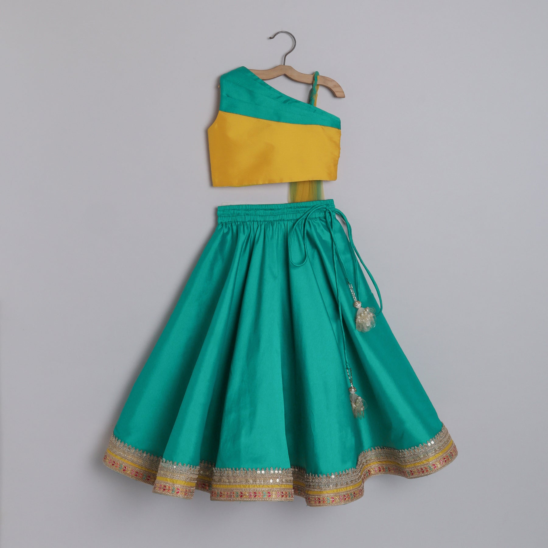 Girls Teal Green With Yellow And Teal Color Blocked One Shoulder Blouse With A Fashionable One Shoulder Drape - funlittleones.com