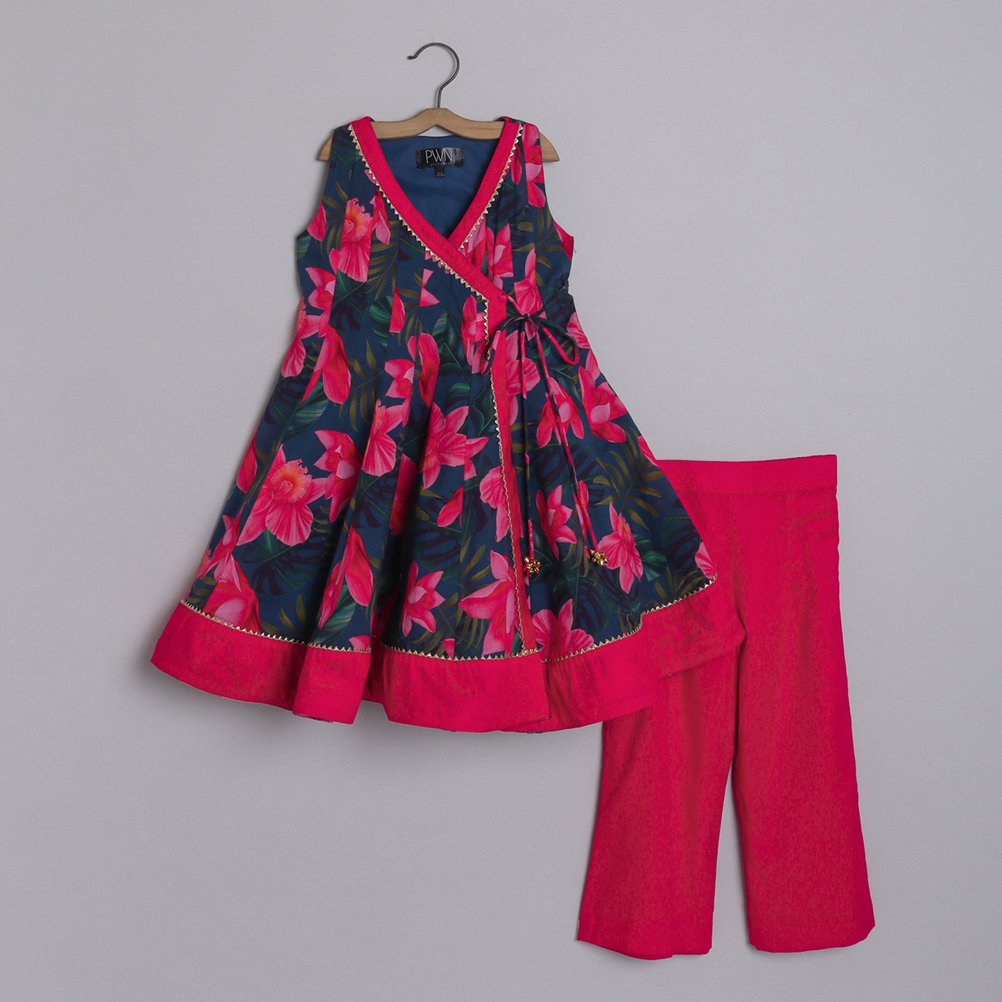 Girls Graceful Lotus Printed  Angarkha Kurti And Red Pant - funlittleones.com
