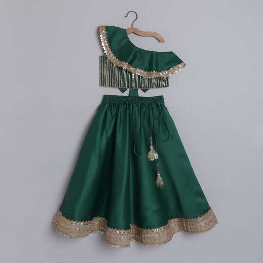 Girls Glamouros One Shoulder Dark Green Flap Top And Flared Lehenga - funlittleones.com