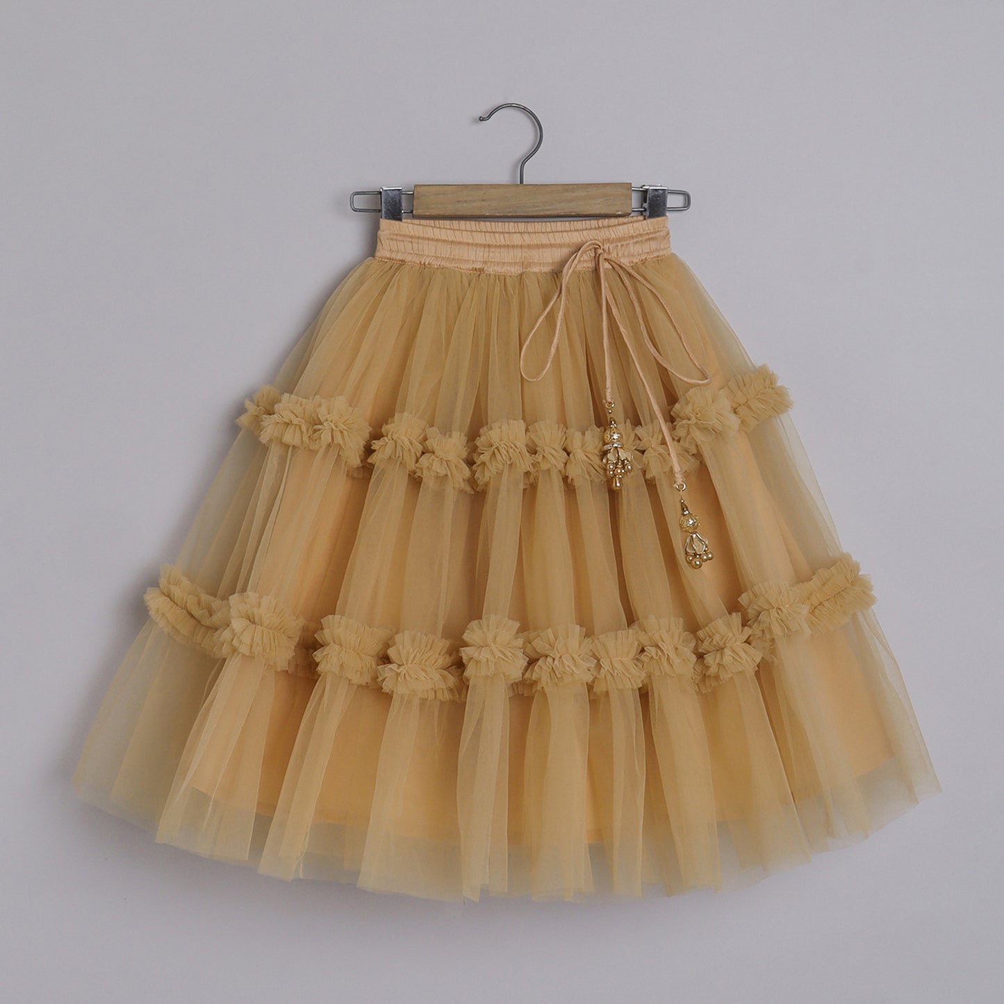 Girls Embroidered Beige One Shoulder Top And Ruffle Lehenga - funlittleones.com