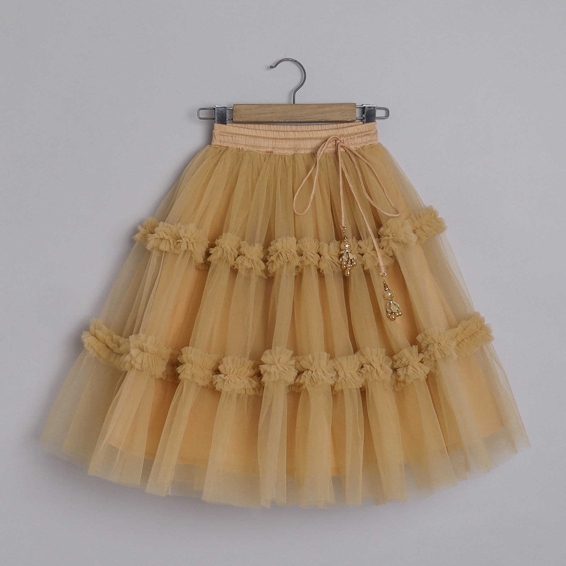Girls Embroidered Beige One Shoulder Top And Ruffle Lehenga - funlittleones.com
