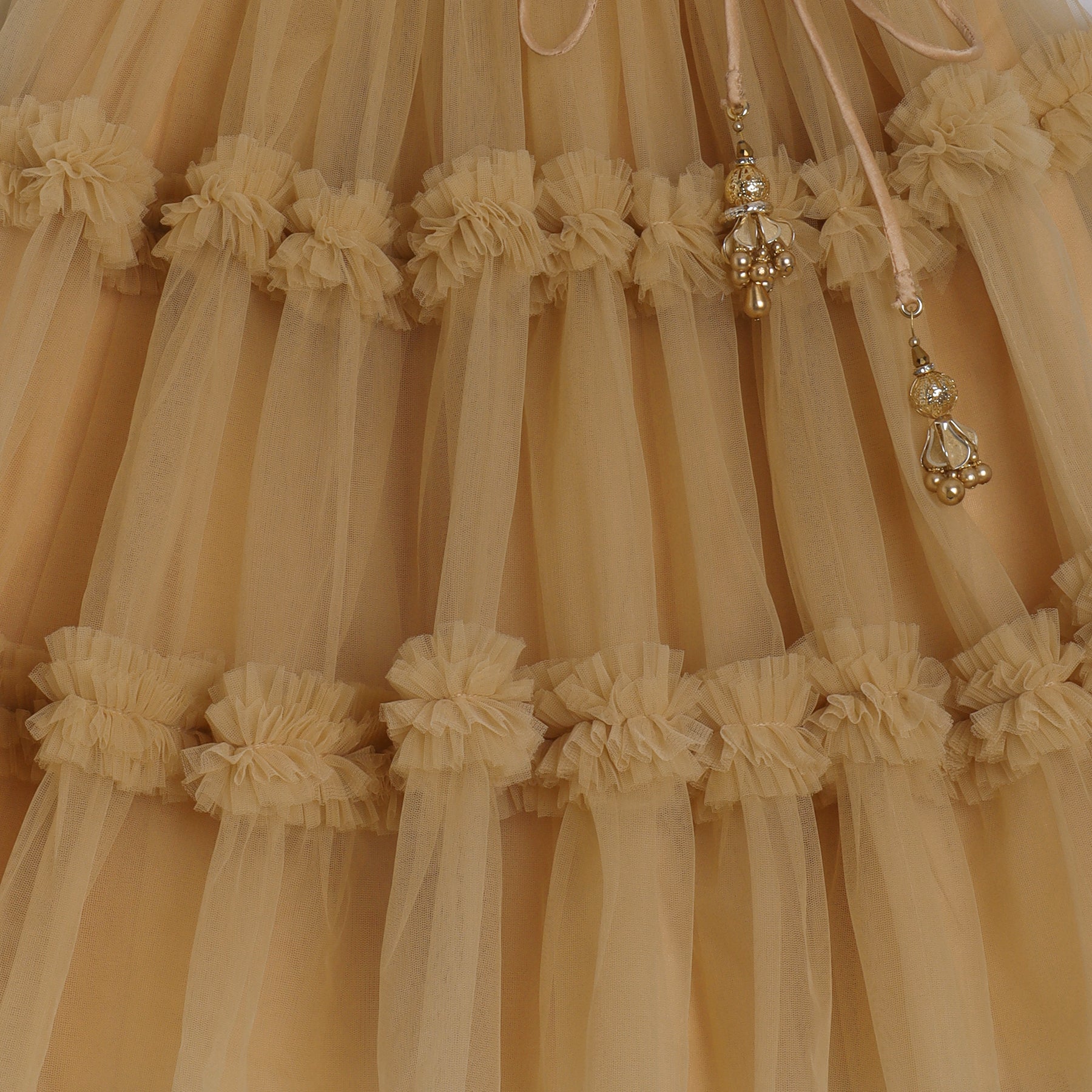 Girls Embroidered Beige One Shoulder Top And Ruffle Lehenga - funlittleones.com