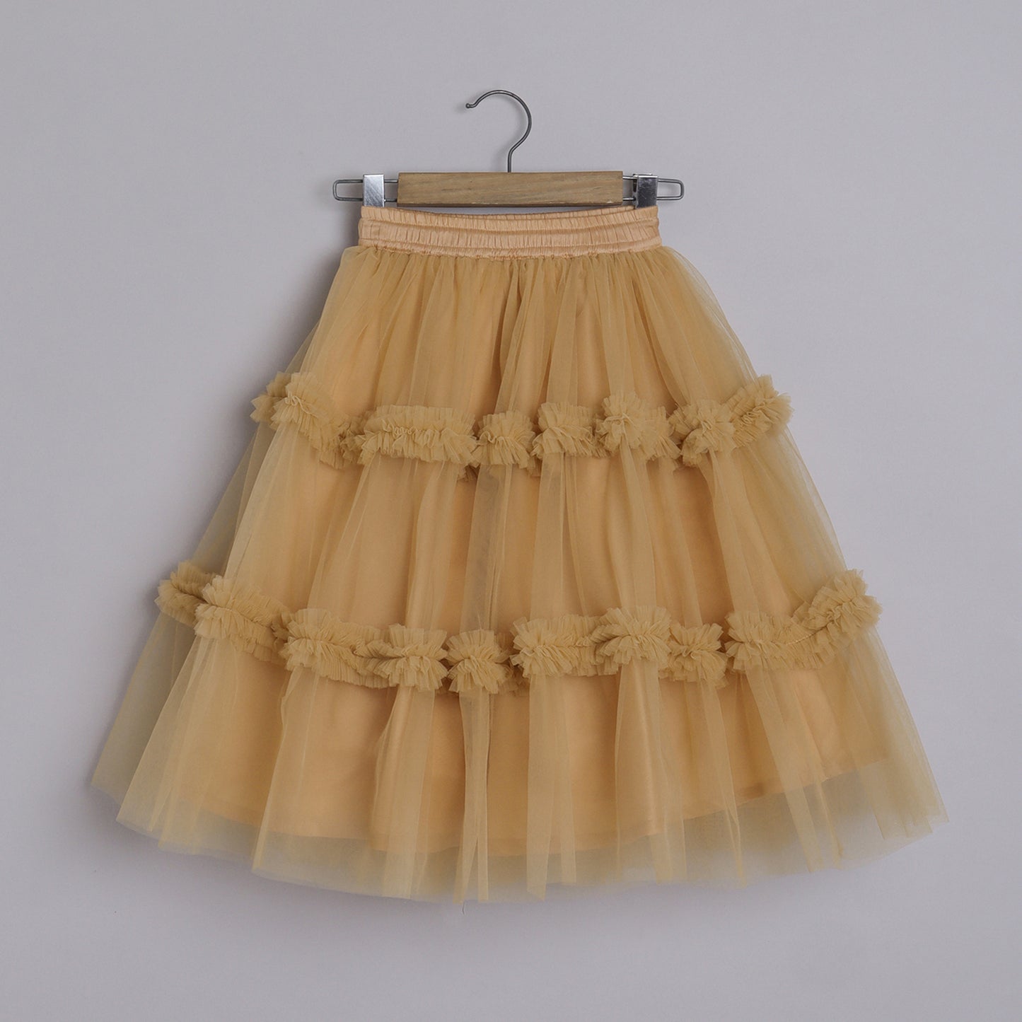 Girls Embroidered Beige One Shoulder Top And Ruffle Lehenga - funlittleones.com