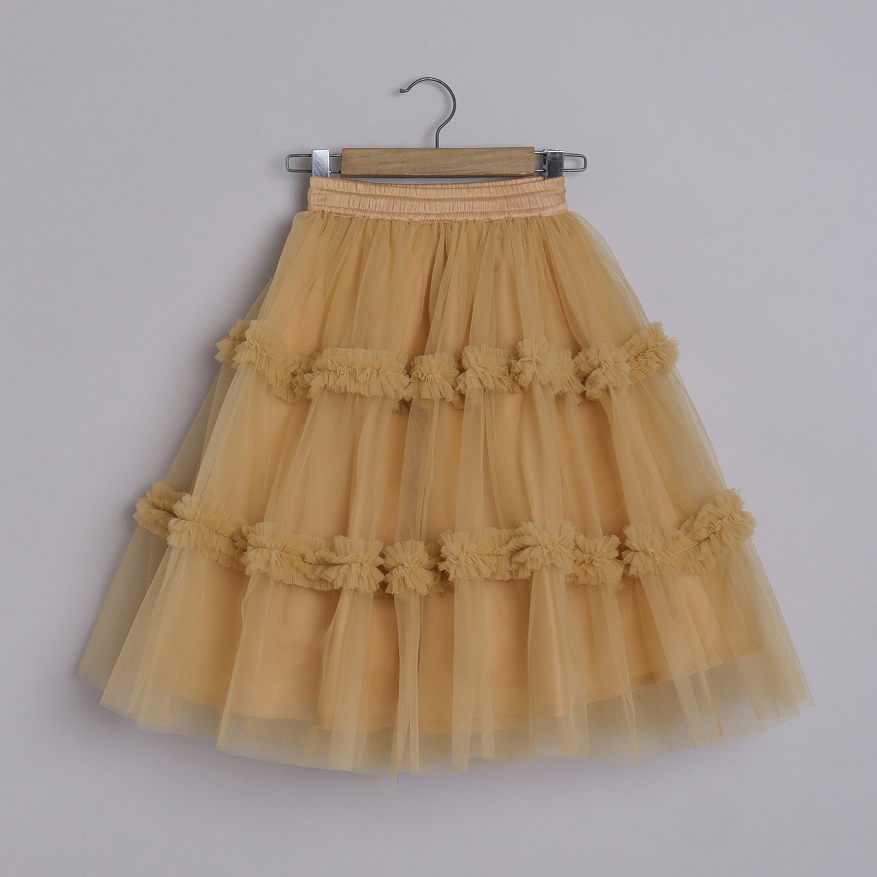 Girls Embroidered Beige One Shoulder Top And Ruffle Lehenga - funlittleones.com