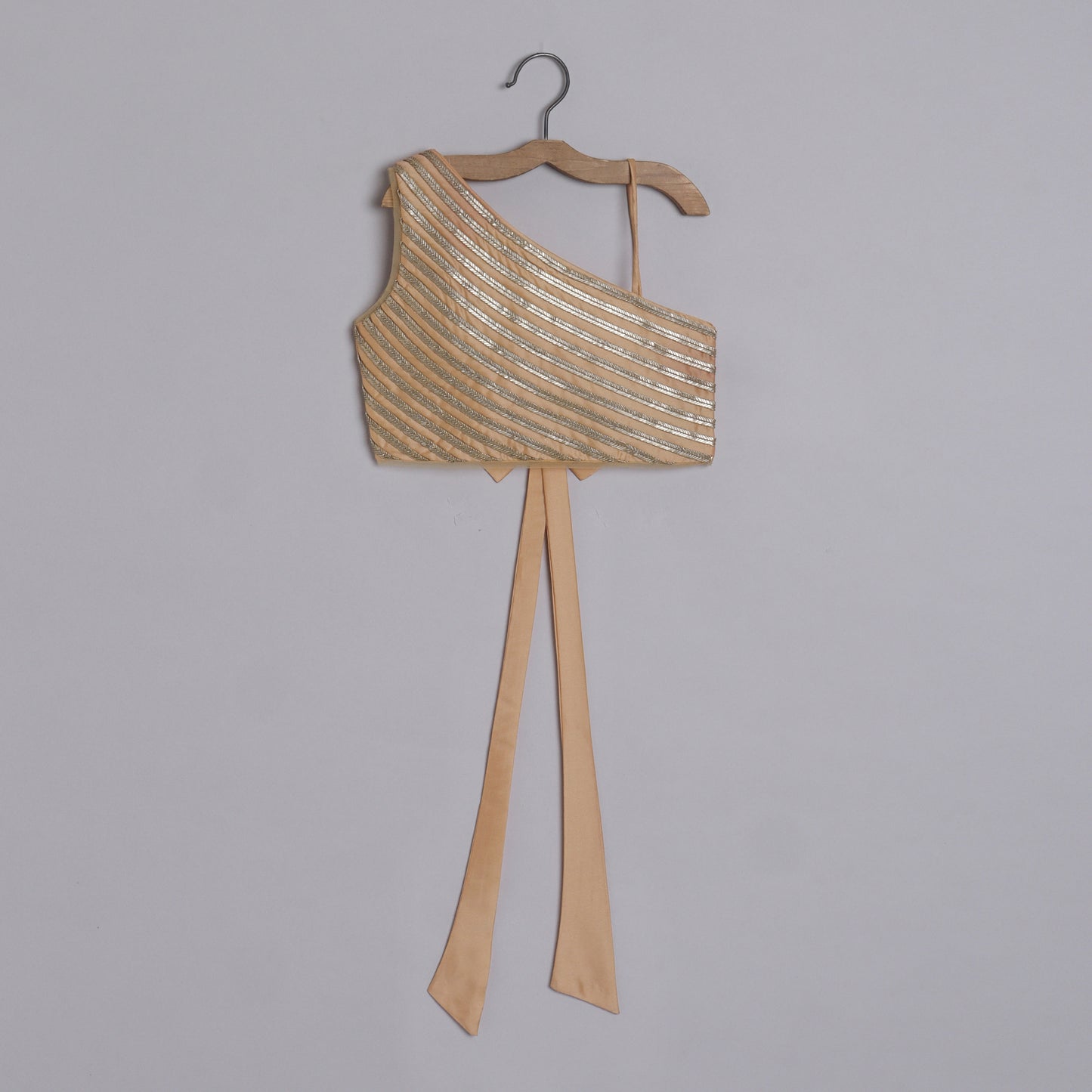 Girls Embroidered Beige One Shoulder Top And Ruffle Lehenga - funlittleones.com