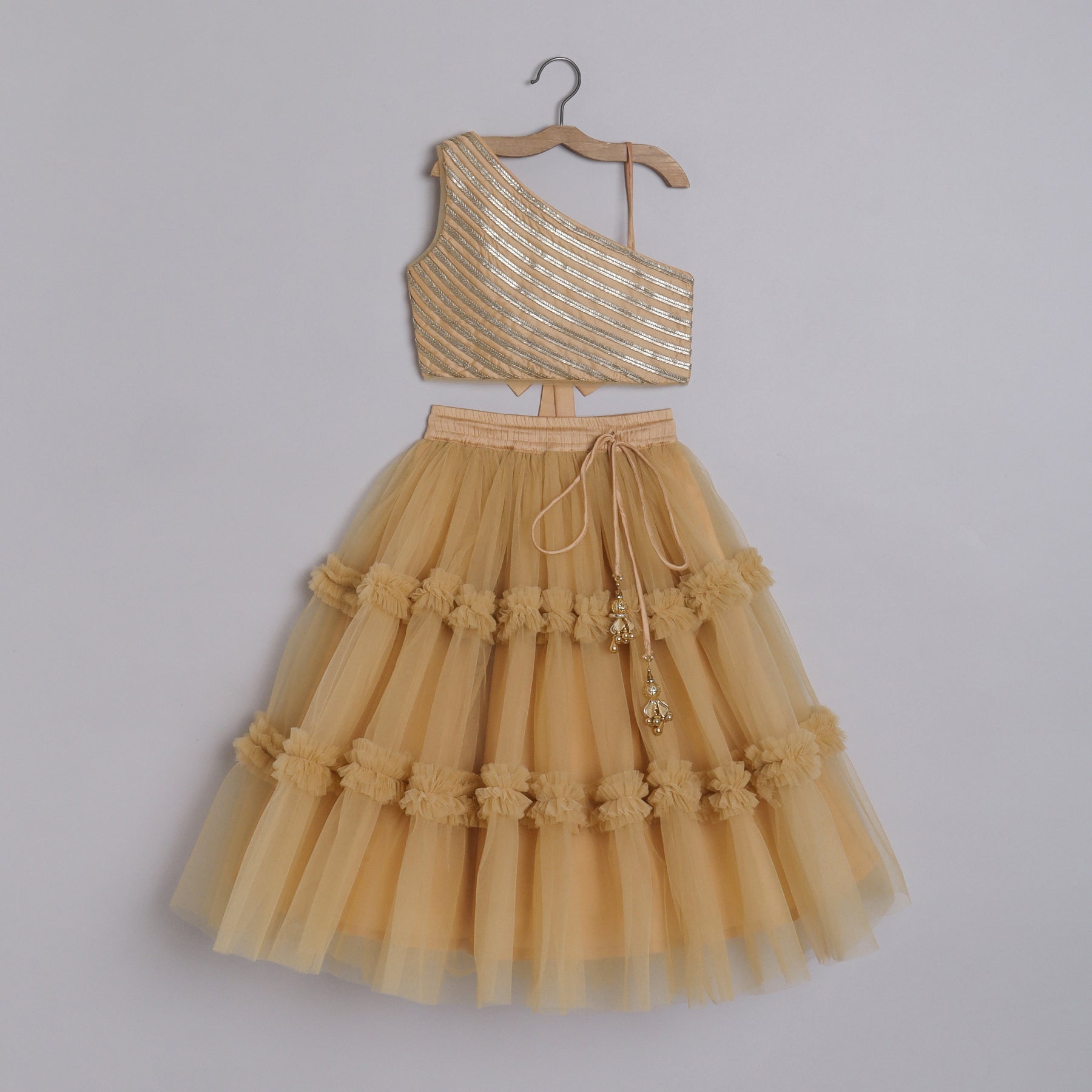 Girls Embroidered Beige One Shoulder Top And Ruffle Lehenga - funlittleones.com