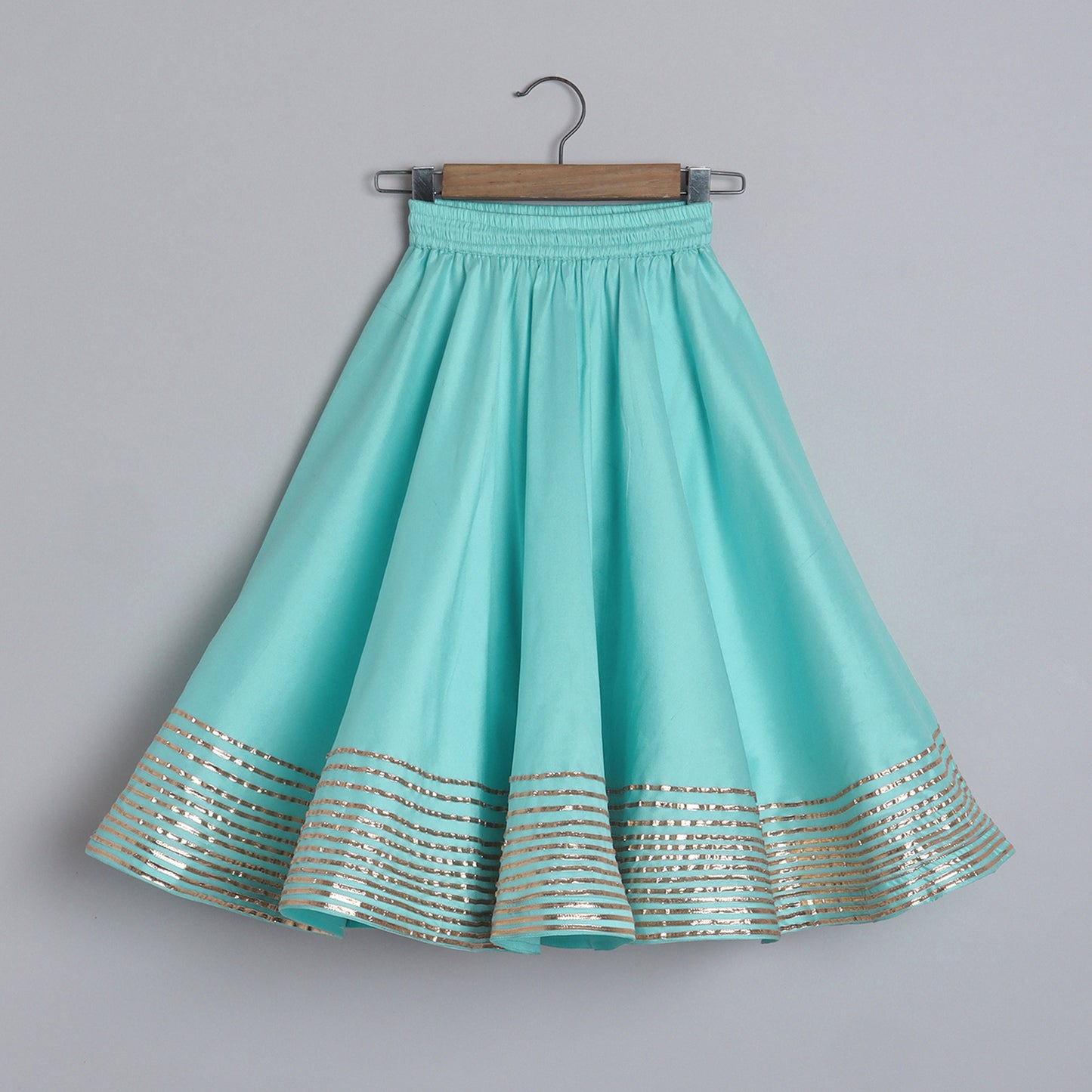 Girls Adorable Light Blue Top And Gota Lace Work Flared Lehenga With Beige Dupatta - funlittleones.com
