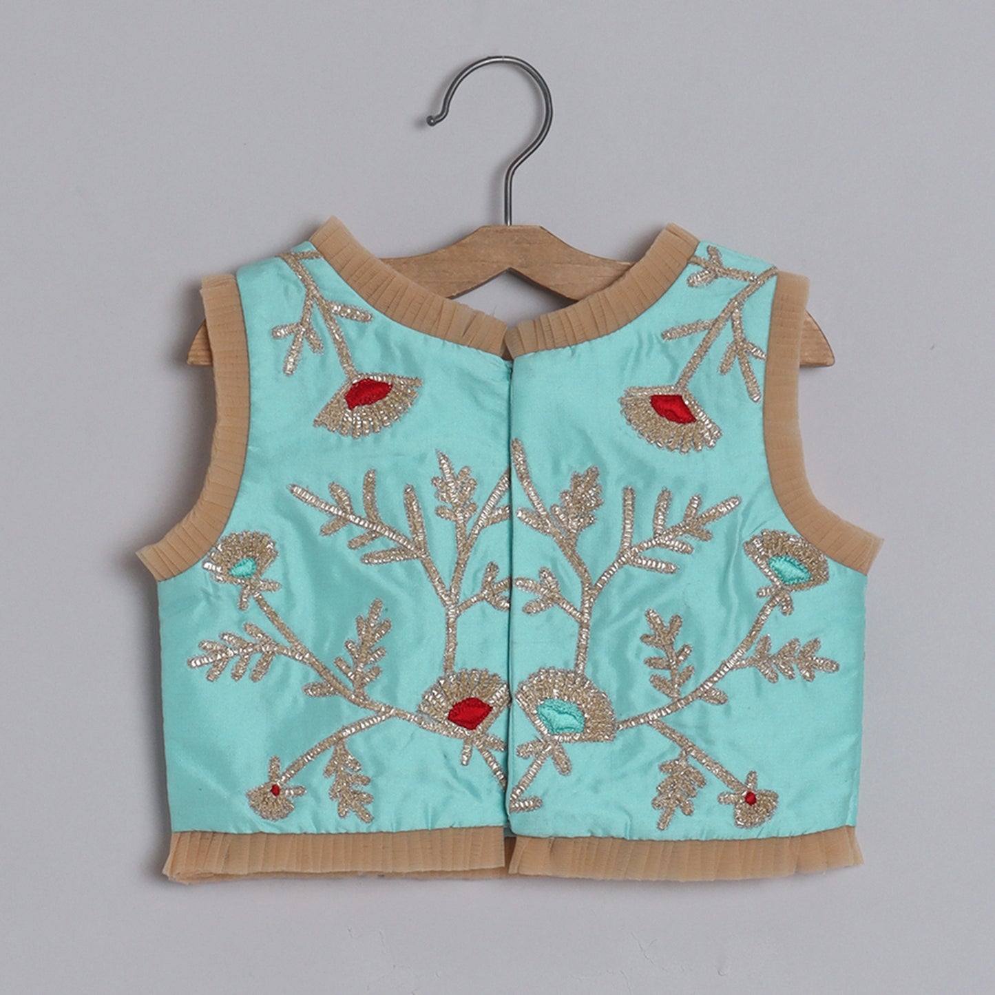 Girls Adorable Light Blue Top And Gota Lace Work Flared Lehenga With Beige Dupatta - funlittleones.com