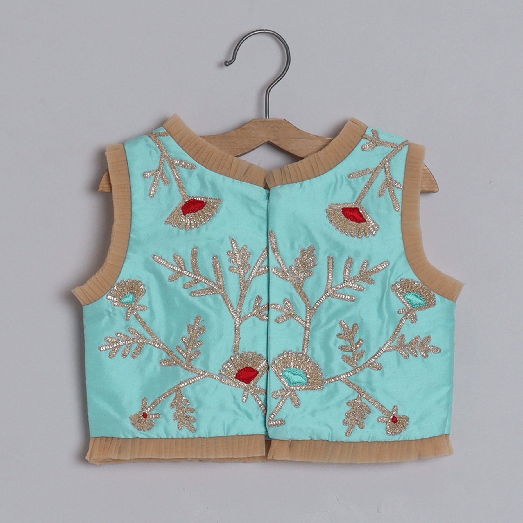 Girls Adorable Light Blue Top And Gota Lace Work Flared Lehenga With Beige Dupatta - funlittleones.com