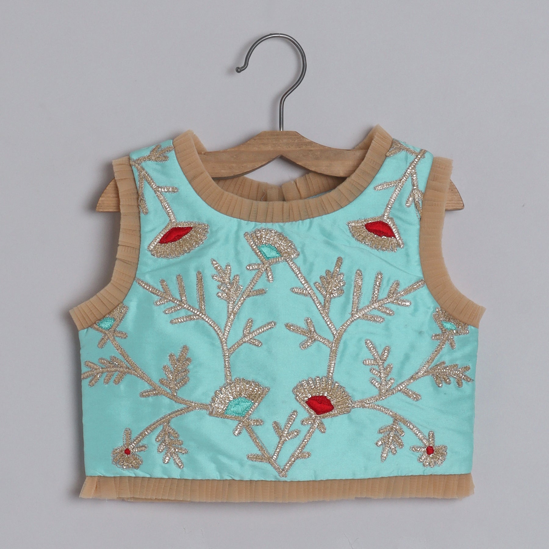 Girls Adorable Light Blue Top And Gota Lace Work Flared Lehenga With Beige Dupatta - funlittleones.com