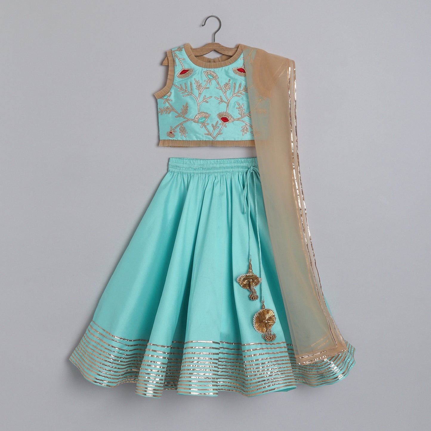 Girls Adorable Light Blue Top And Gota Lace Work Flared Lehenga With Beige Dupatta - funlittleones.com