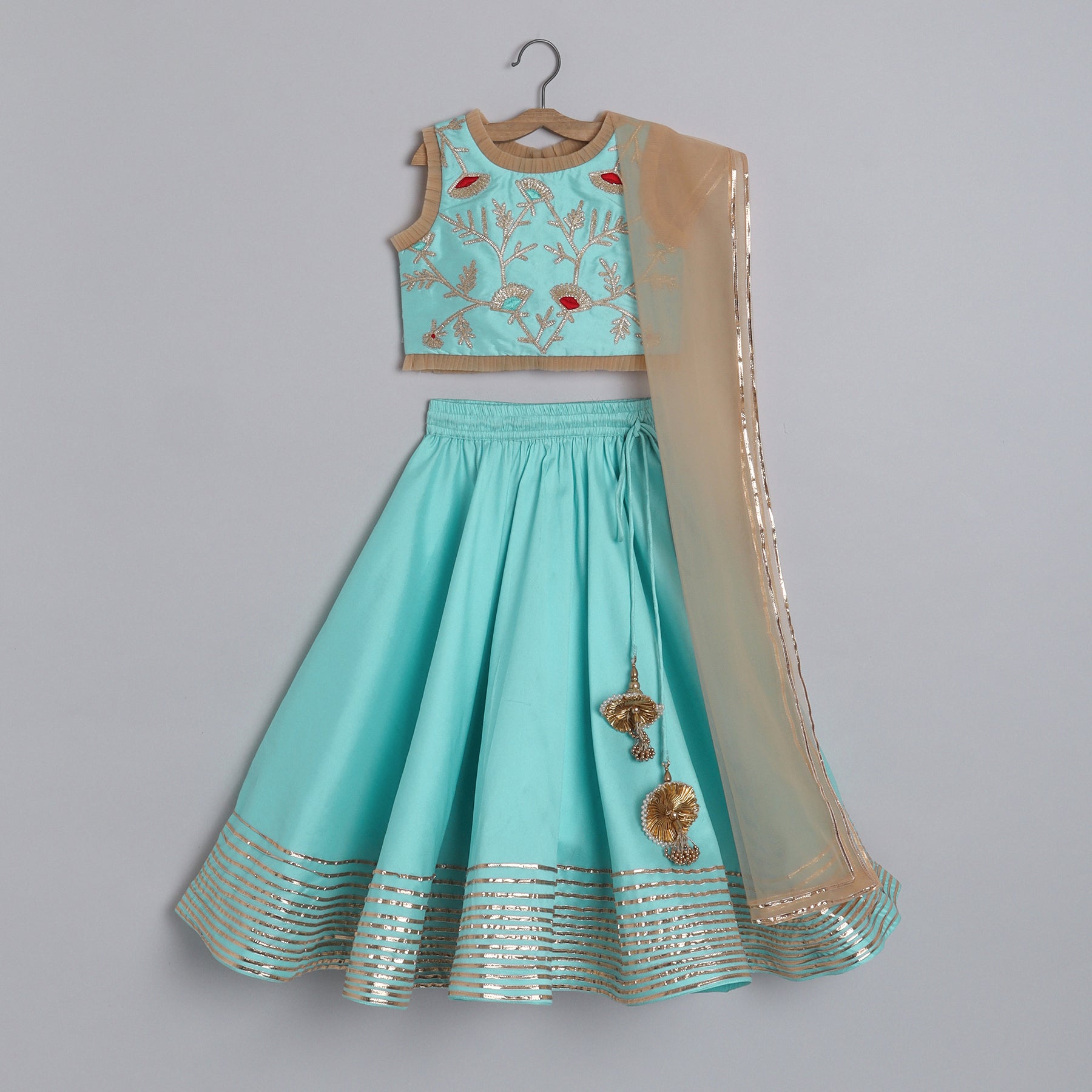 Girls Adorable Light Blue Top And Gota Lace Work Flared Lehenga With Beige Dupatta - funlittleones.com