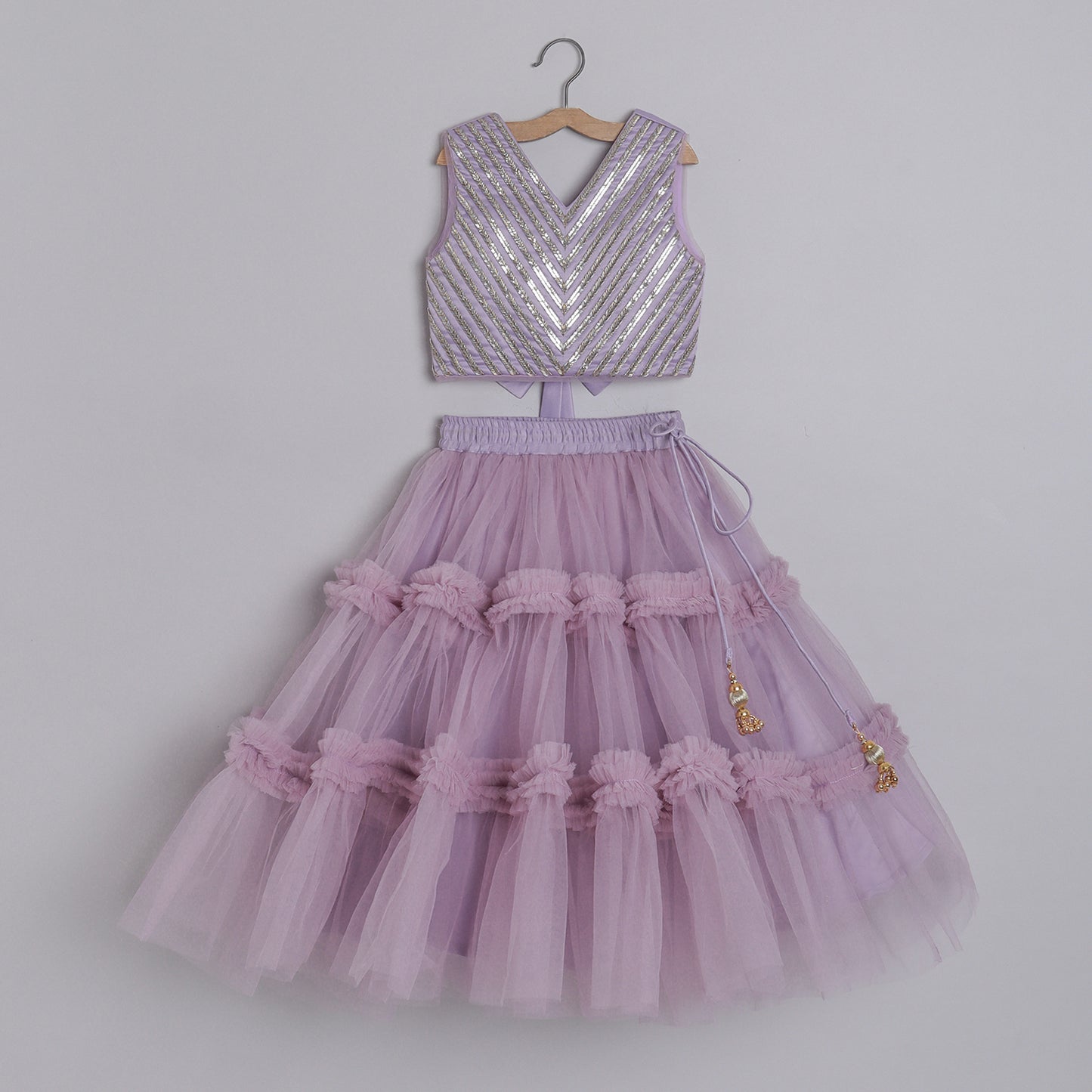 Girls Stylish Metal Strip Embroidered Blouse And Frilly Lehenga - funlittleones.com
