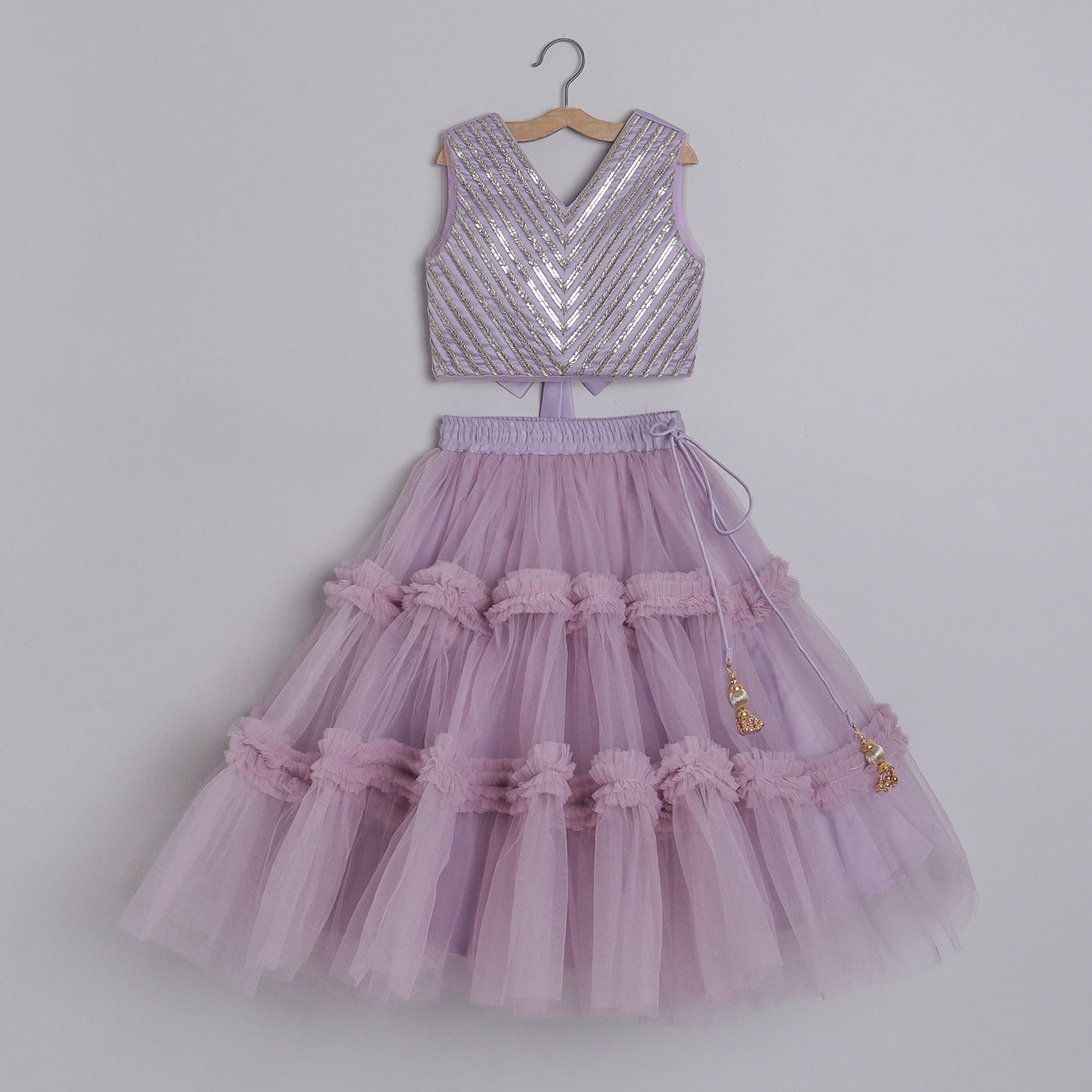 Girls Stylish Metal Strip Embroidered Blouse And Frilly Lehenga - funlittleones.com