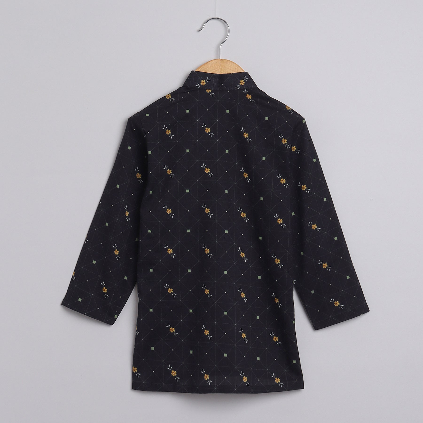Boys Black Printed Kurta Jacket And Pyjama Set - funlittleones.com