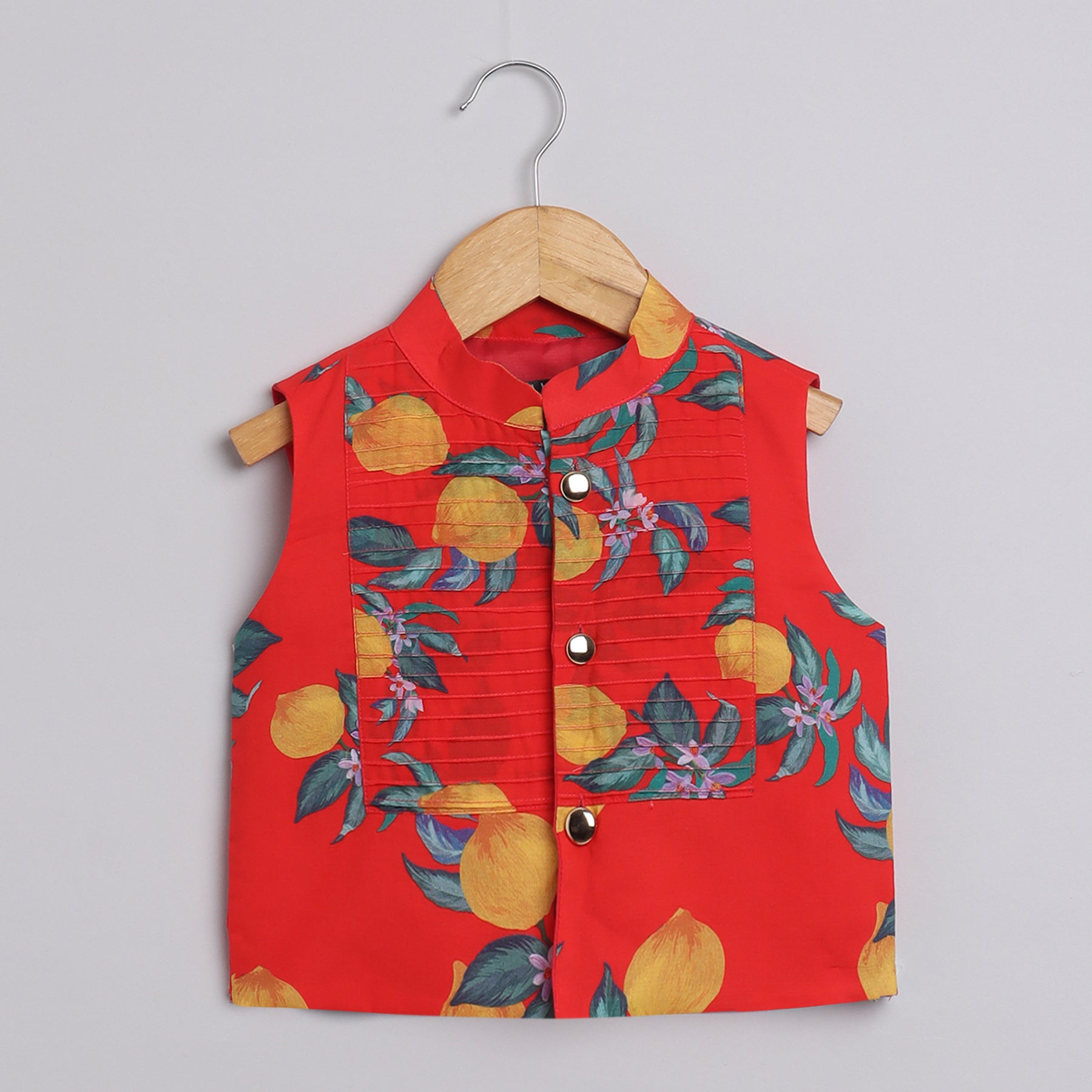 Boys Red Lemon Printed Kurta Jacket and Pyjama - funlittleones.com