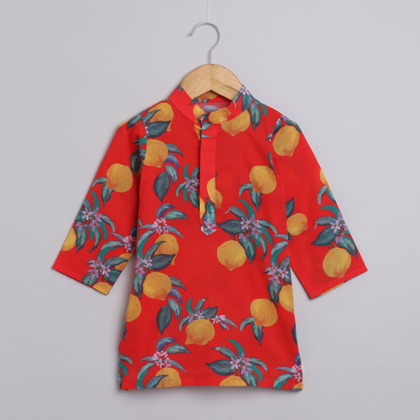 Boys Red Lemon Printed Kurta Jacket and Pyjama - funlittleones.com
