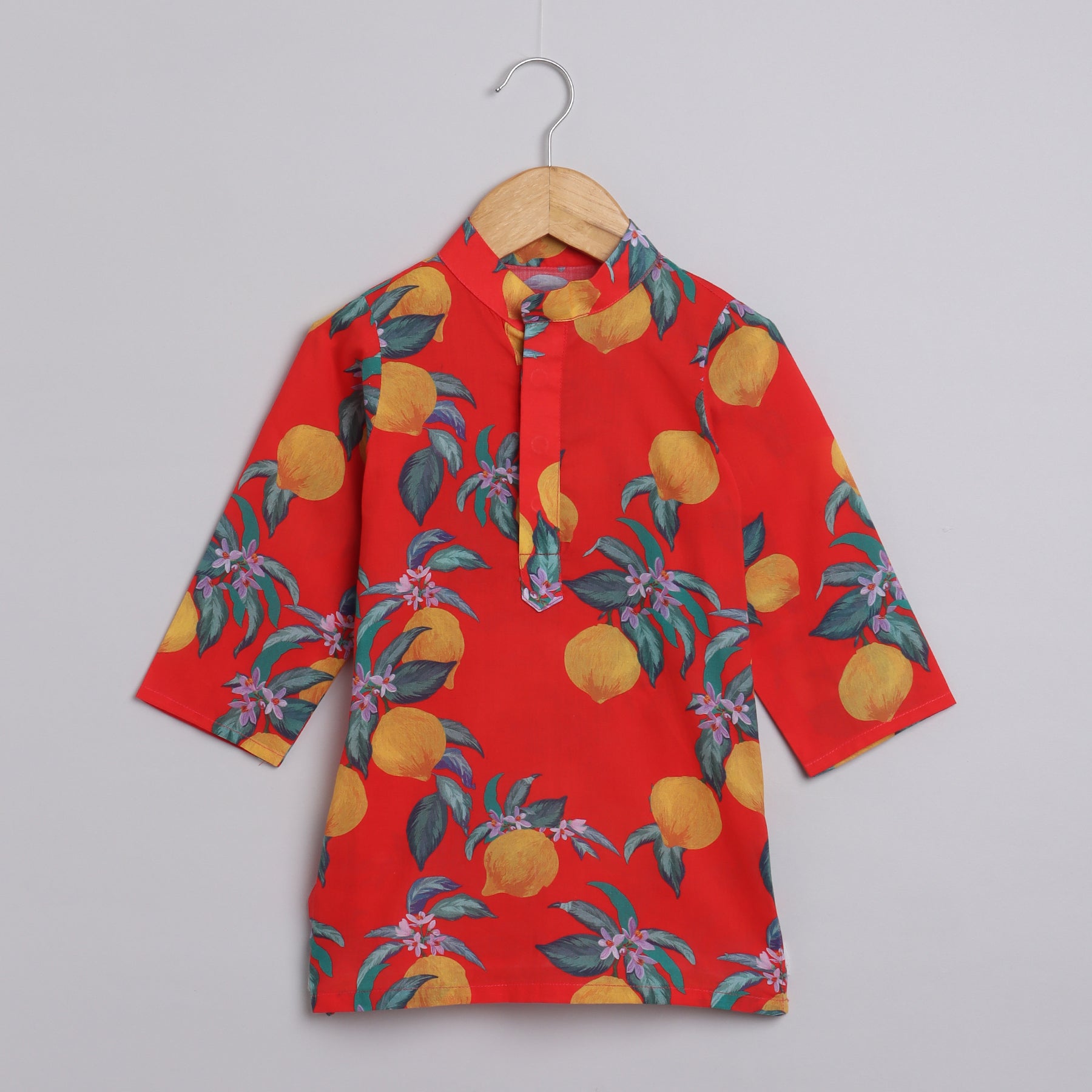 Boys Red Lemon Printed Kurta Jacket and Pyjama - funlittleones.com