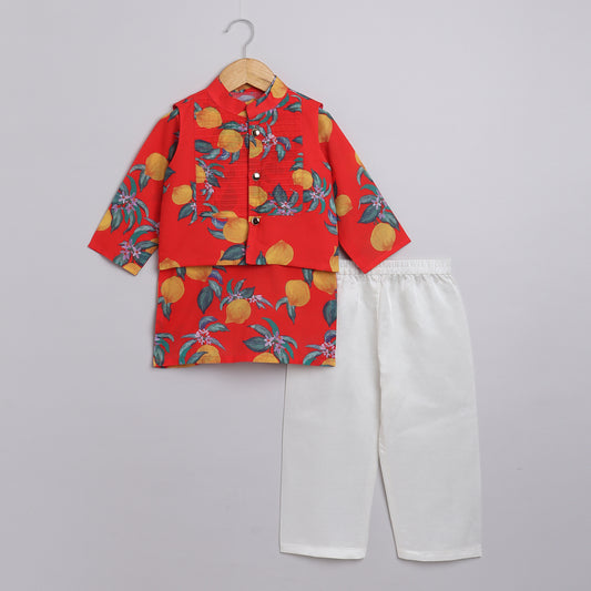 Boys Red Lemon Printed Kurta Jacket and Pyjama - funlittleones.com