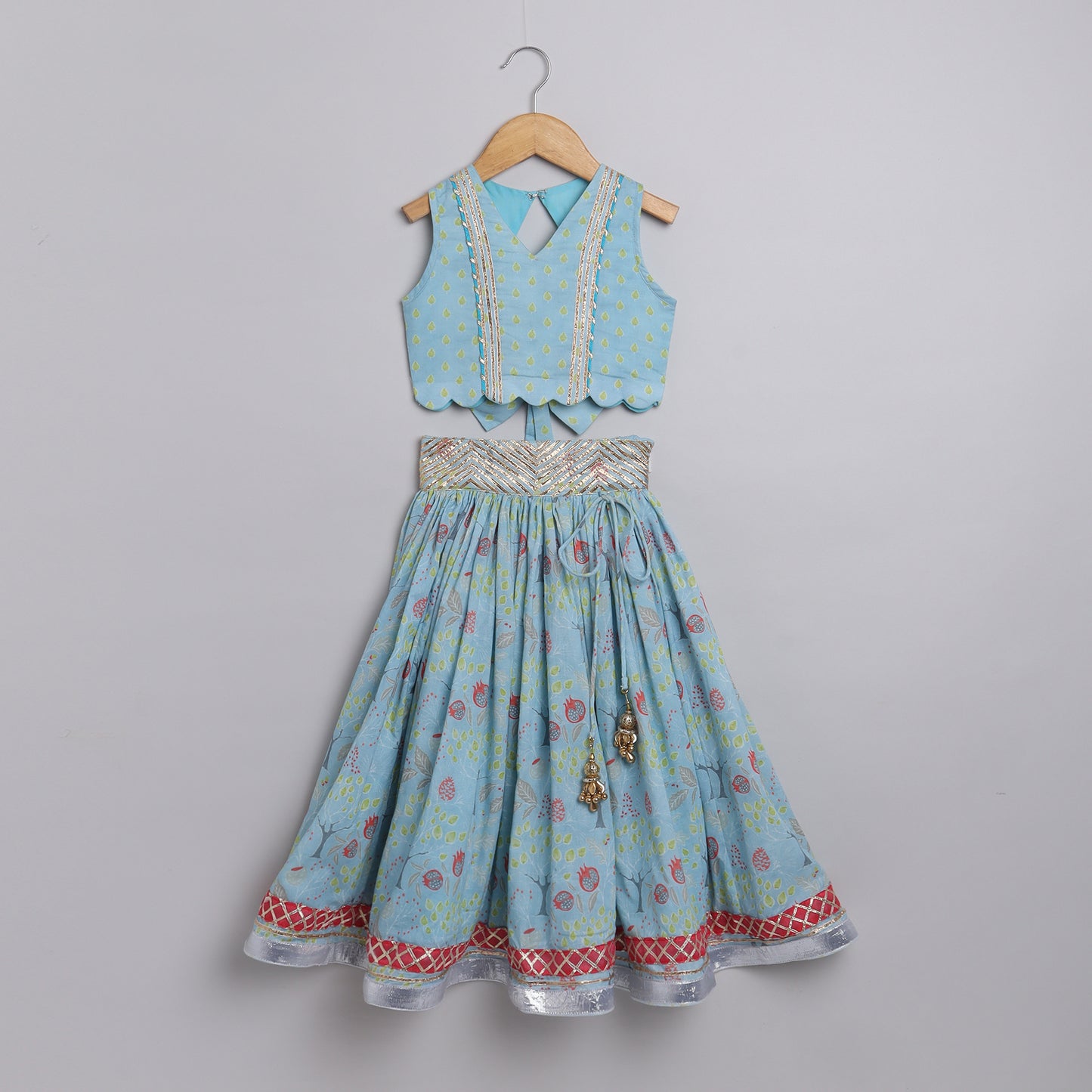 Green drop Printed Top with Pomogranate Tree Printed Lehenga - funlittleones.com