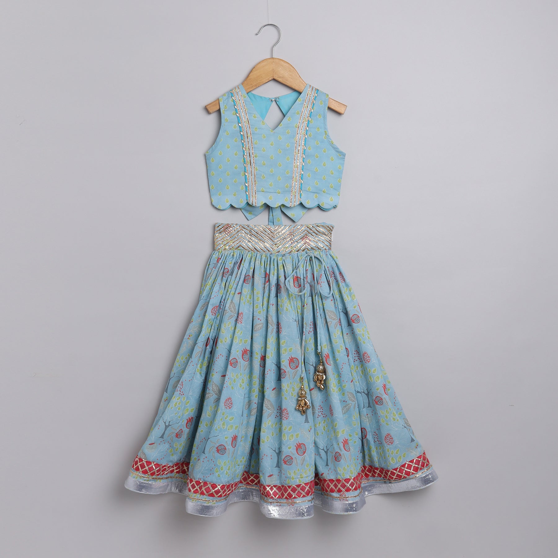 Green drop Printed Top with Pomogranate Tree Printed Lehenga - funlittleones.com