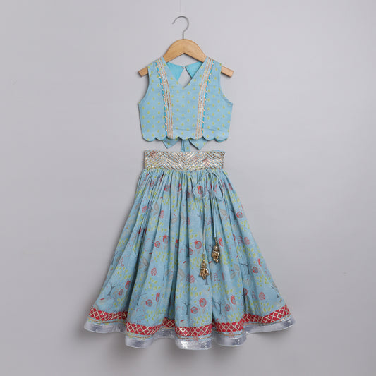 Green drop Printed Top with Pomogranate Tree Printed Lehenga - funlittleones.com
