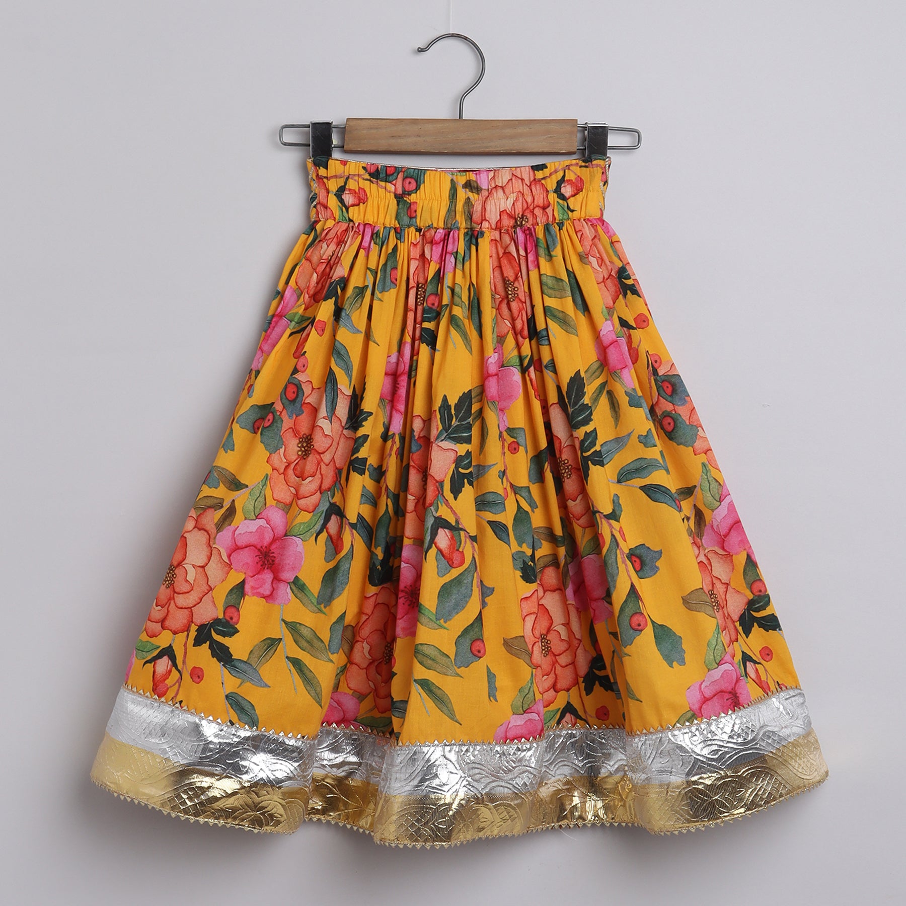 Girls Yellow Ocher Floral Skirt And Top - funlittleones.com