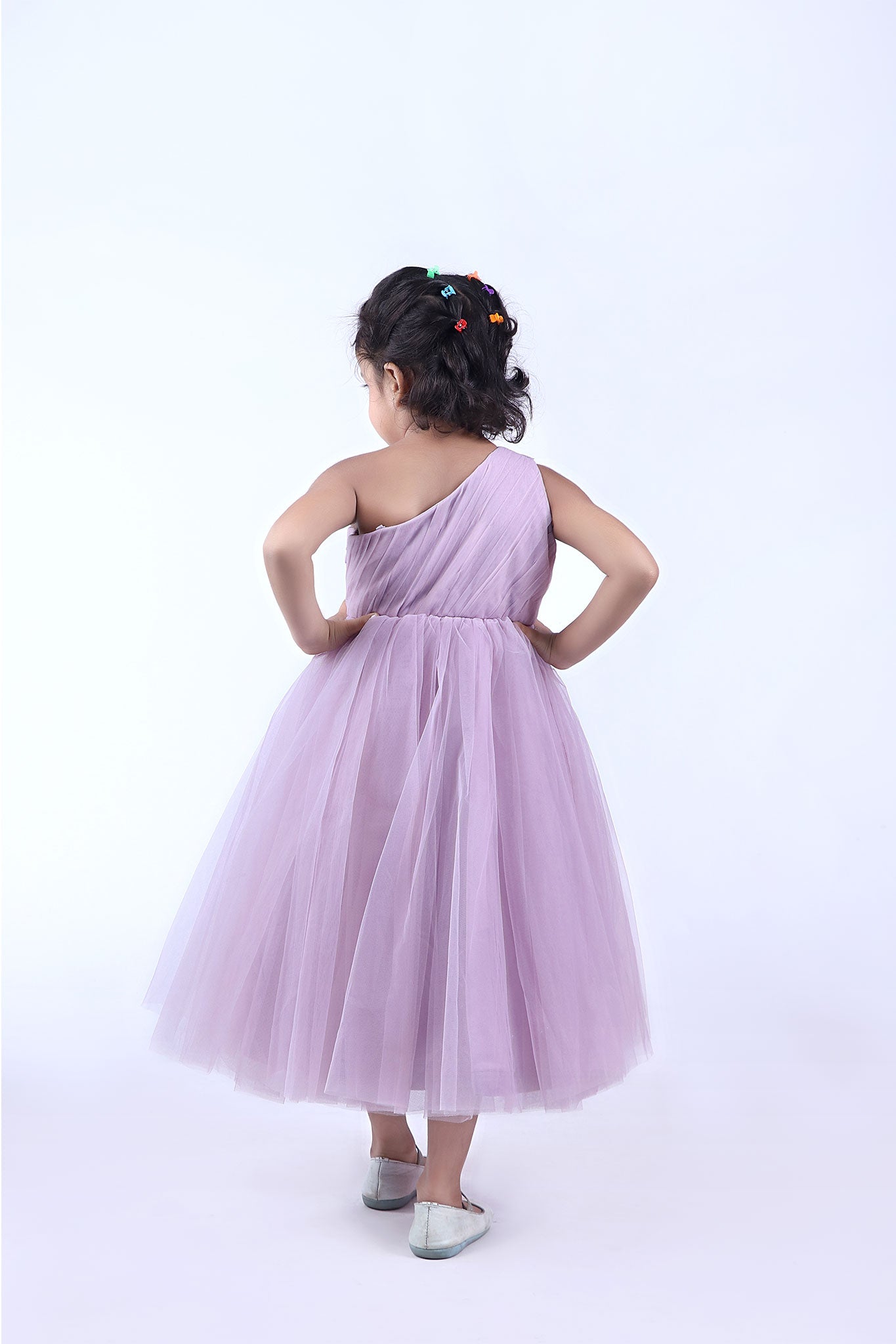 Lavender One Shoulder Floral Embroidered Net Gown - funlittleones.com