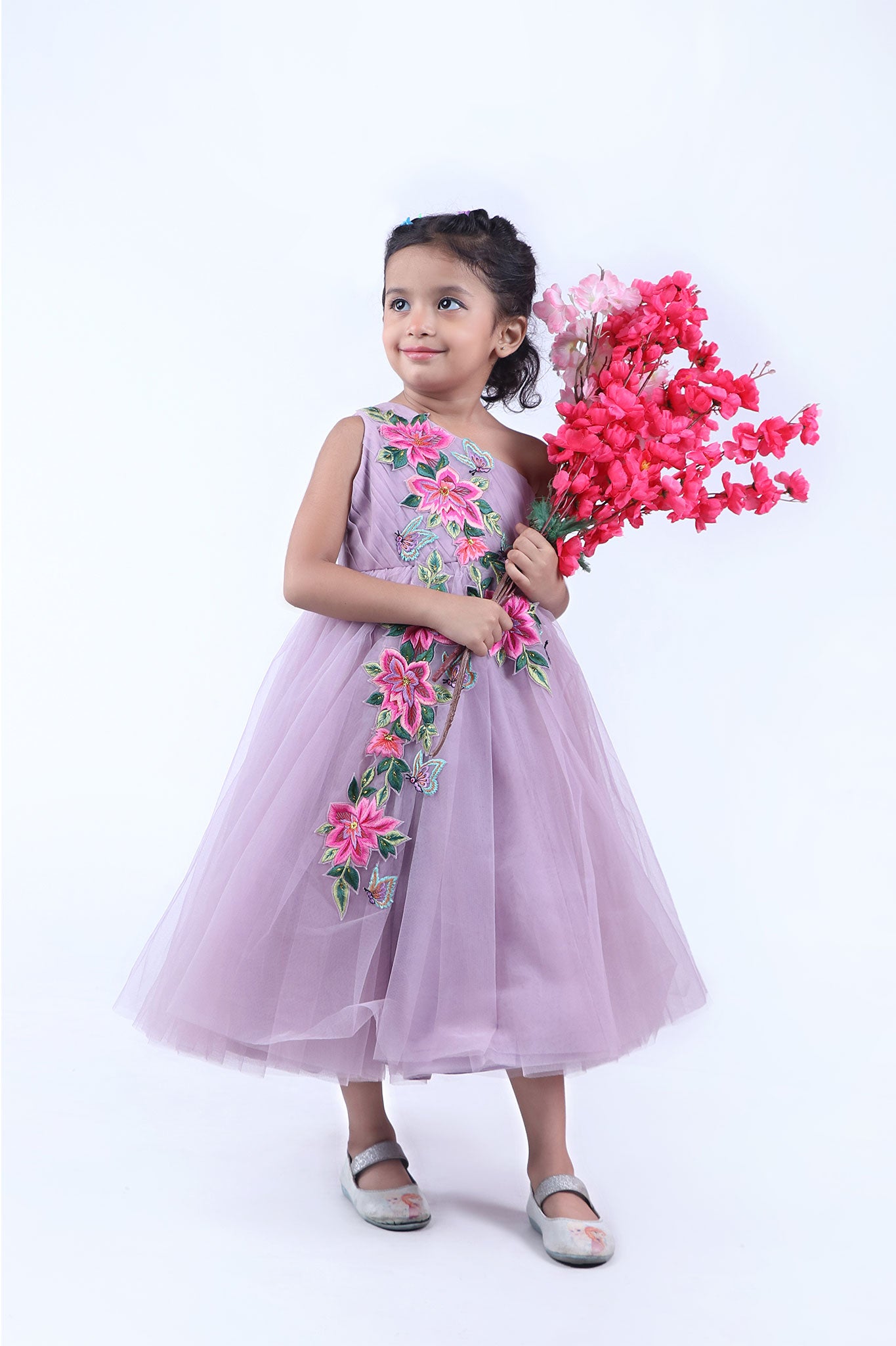 Lavender One Shoulder Floral Embroidered Net Gown - funlittleones.com