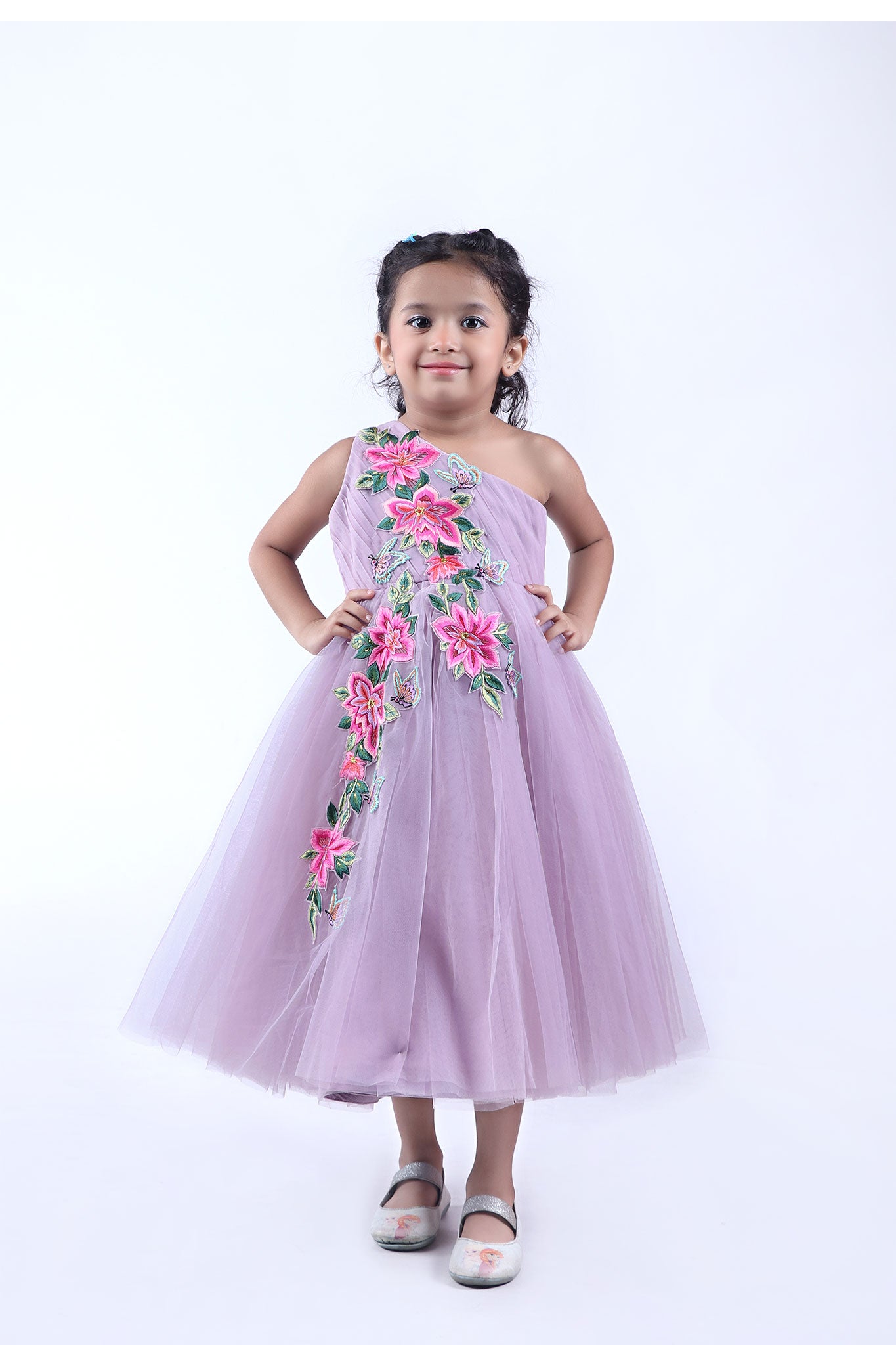 Lavender One Shoulder Floral Embroidered Net Gown - funlittleones.com