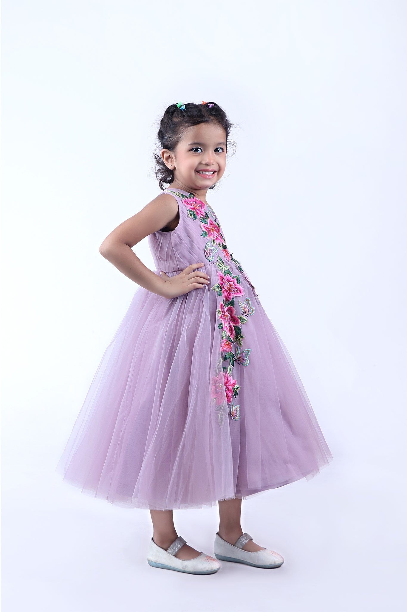 Lavender One Shoulder Floral Embroidered Net Gown - funlittleones.com